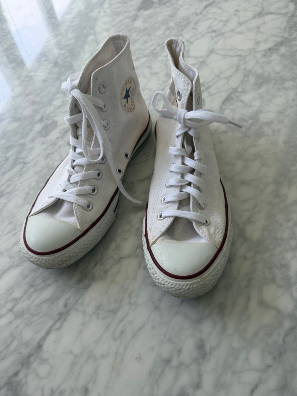 Converse White High Top Sneakers with Red Stripe
